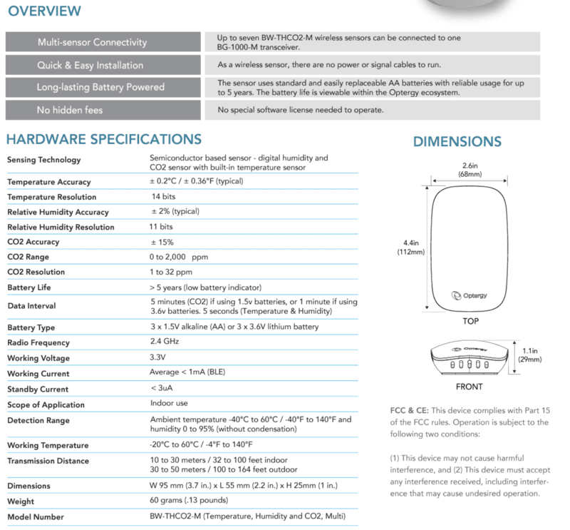 Optergy Air Temperature & Humidity Wall Sensor & CO2 (BW-THCO2-M)