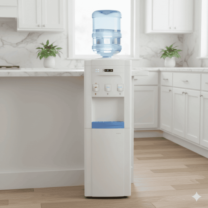 Modern Blue Star water dispenser with three faucets and a built-in non-refrigerated storage cabinet.