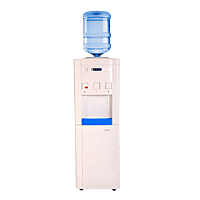 Front view of Blue Star floor-standing water dispenser featuring a sleek white and blue finish.