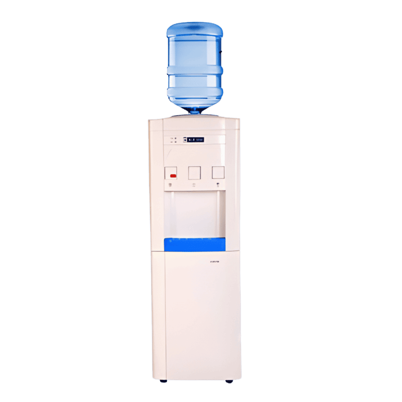 Front view of Blue Star floor-standing water dispenser featuring a sleek white and blue finish.