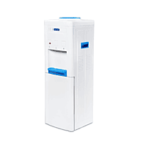 Automatic hot, cold, and ambient water dispenser by Blue Star with integrated storage compartment.