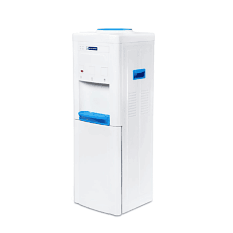 Automatic hot, cold, and ambient water dispenser by Blue Star with integrated storage compartment.