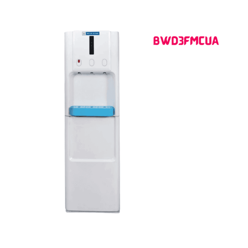 Compact floor standing Blue Star BWD3FMCUA water dispenser with an integrated cooling cabinet.