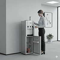 Indicator lights and faucet panel of a Blue Star BWD3FMRGA grey water dispenser.