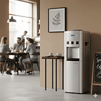 Three-tap Blue Star water dispenser in metallic grey with a built-in refrigerator compartment.