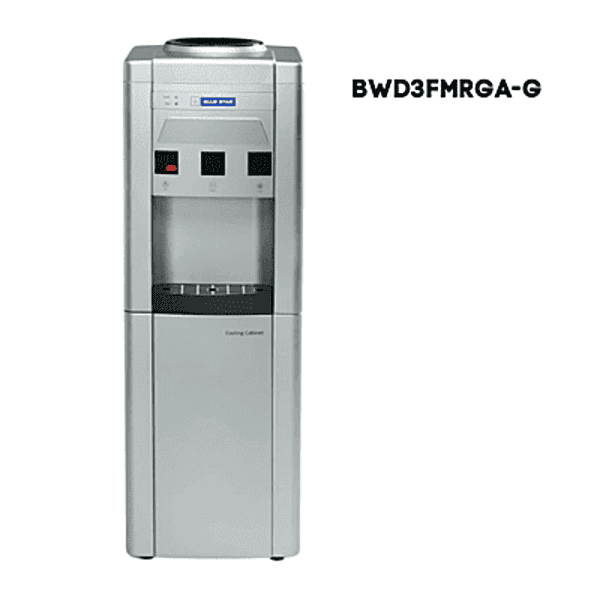 Front view of a sleek grey Blue Star BWD3FMRGA water dispenser with integrated cooling cabinet.