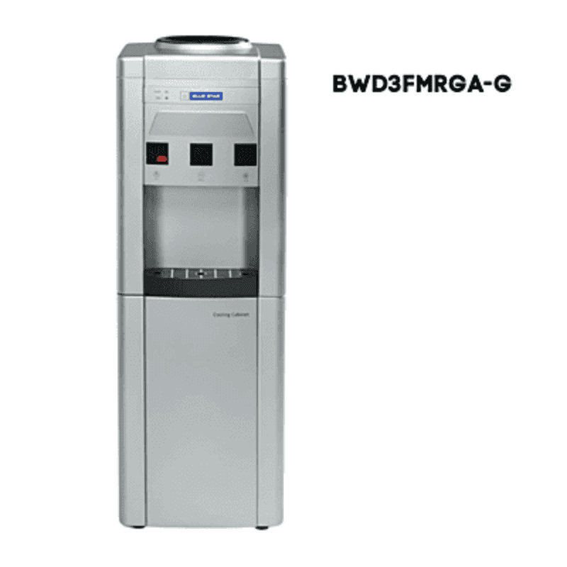 Front view of a sleek grey Blue Star BWD3FMRGA water dispenser with integrated cooling cabinet.