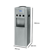 Close-up of the stainless steel water tank and grey exterior of a Blue Star BWD3FMRGA dispenser.