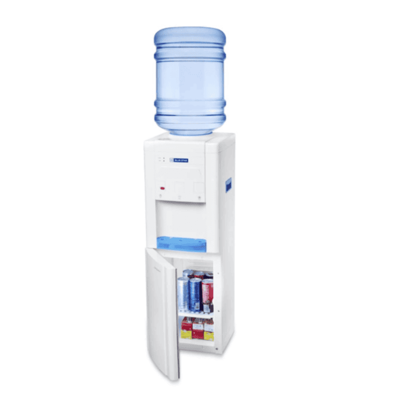 Front view of a sleek Blue Star floor-mounted water dispenser with a built-in cooling cabinet.