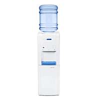 Front view of a sleek Blue Star water dispenser featuring hot, cold, and ambient water taps.