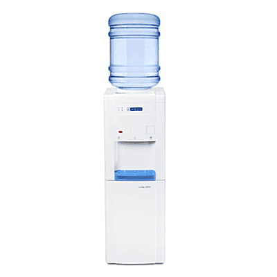 Front view of a sleek Blue Star water dispenser featuring hot, cold, and ambient water taps.