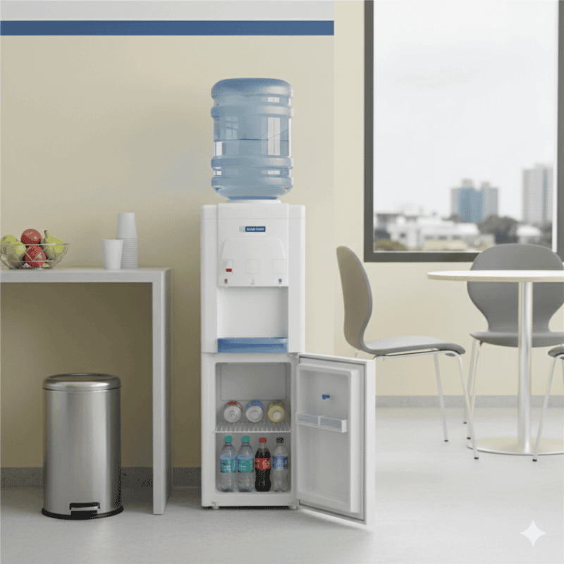 Sturdy Blue Star BWD3FMRGA water dispenser with hot water safety lock and bottom refrigerator.