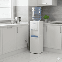 Full-length view of a Blue Star water dispenser with a top-loading bottle design and cooling unit.