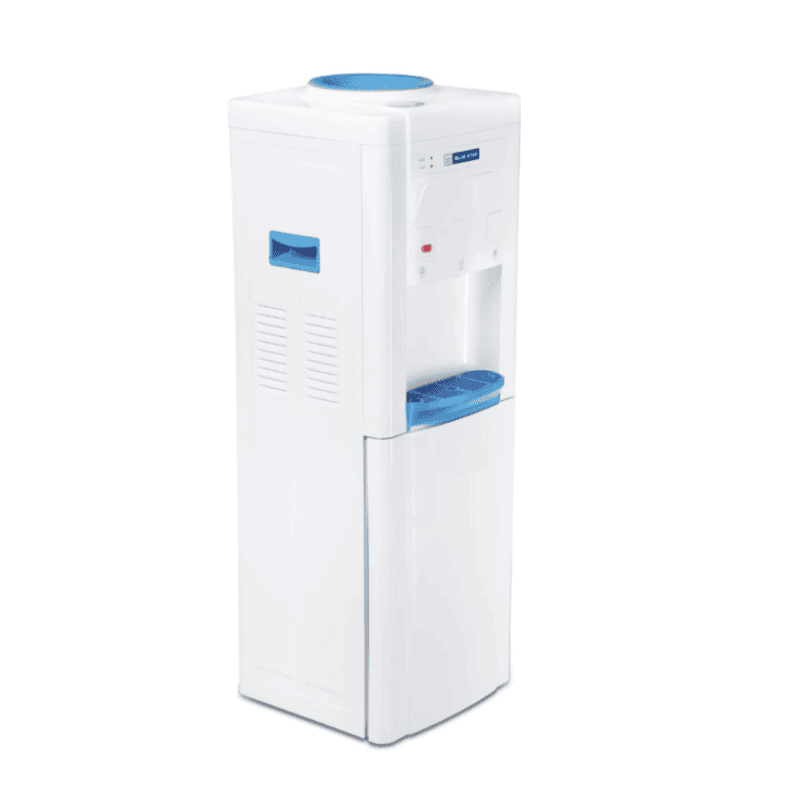 Vertical shot of a Blue Star water dispenser showing the integrated cooling cabinet door closed.