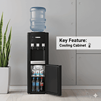 Blue Star black water dispenser with an integrated 14-liter cooling cabinet for beverages. Blue Star black water dispenser with an integrated 14-liter cooling cabinet for beverages.
