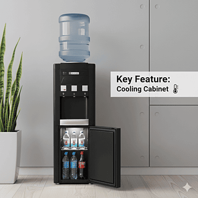 Blue Star black water dispenser with an integrated 14-liter cooling cabinet for beverages. Blue Star black water dispenser with an integrated 14-liter cooling cabinet for beverages.