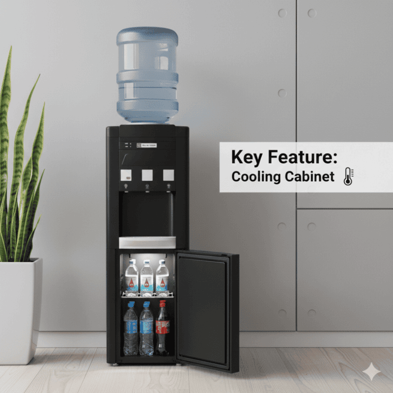 Blue Star black water dispenser with an integrated 14-liter cooling cabinet for beverages.