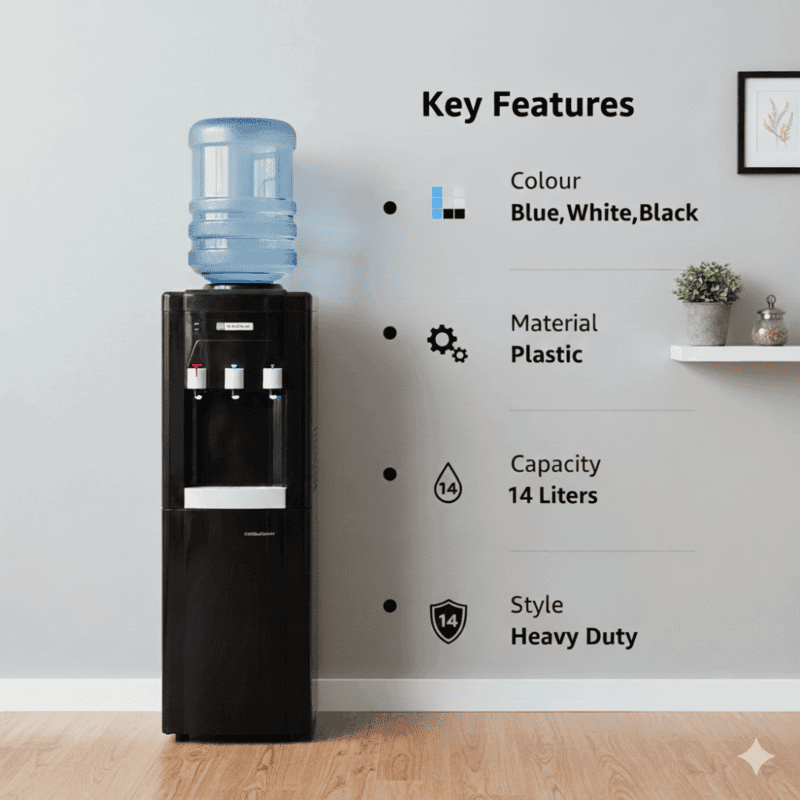 Professional black water dispenser with a stainless steel tank and bottom-mounted compartment.