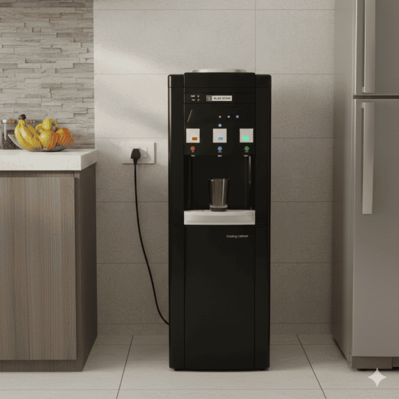 Close-up of the three-tap system on a Blue Star BWD3FMRGB providing hot, cold, and ambient water.