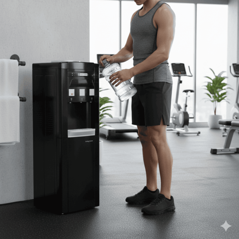 Blue Star BWD3FMRGB model water dispenser showing the internal cooling cabinet with the door open.