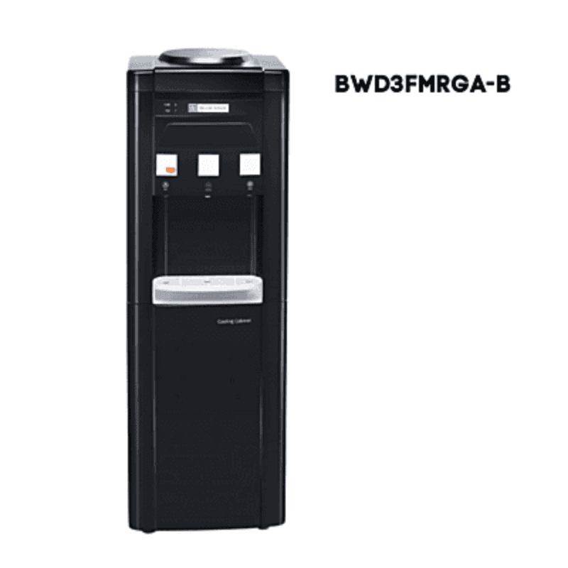 Blue Star BWD3FMRGB model water dispenser showing the internal cooling cabinet with the door open.