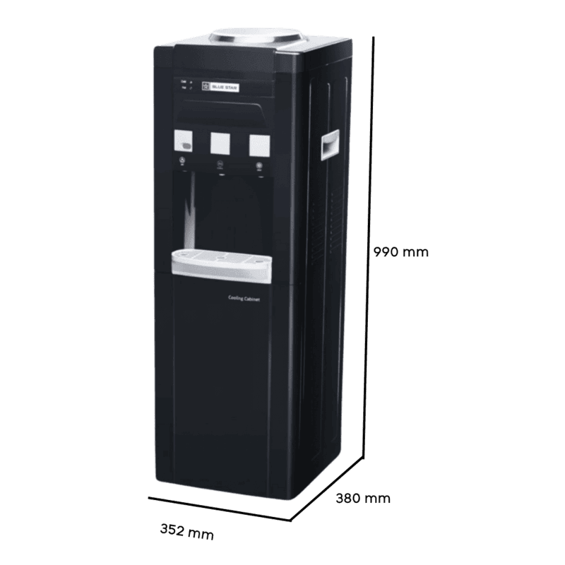 Modern office water cooler in premium black finish with Blue Star branding and LED indicators.