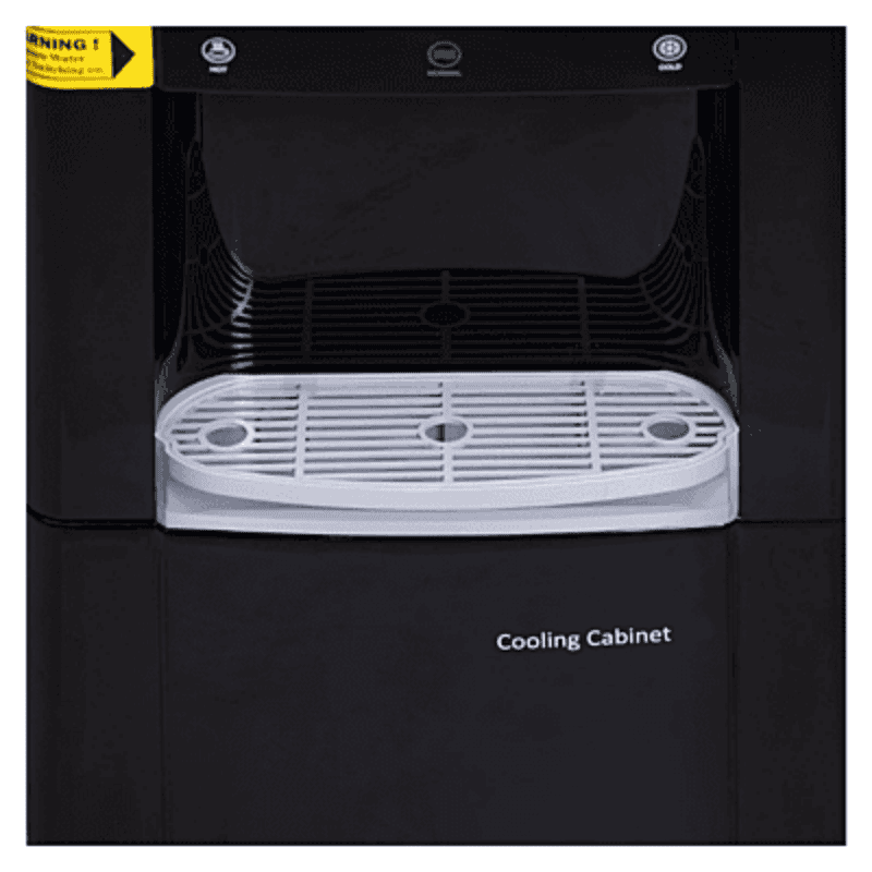 Compact water dispenser with a built-in refrigerator and three-color tap levers for temperature.