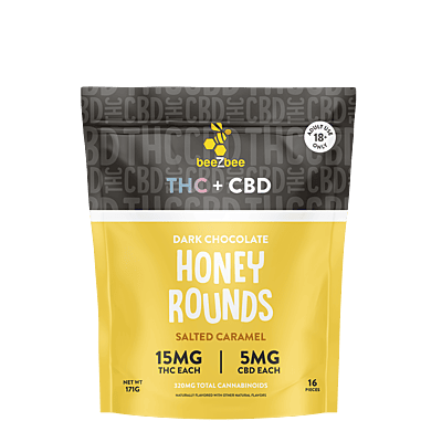 Delta-9 THC+CBD Dark Chocolate Honey Rounds, Salted Caramel | Case of 8 Bags Delta-9 THC+CBD Dark Chocolate Honey Rounds, Salted Caramel | Case of 8 Bags