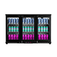 Front view of the sleek Back Bar RBW-135 refrigerator stocked with beverages.