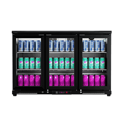 Front view of the sleek Back Bar RBW-135 refrigerator stocked with beverages.