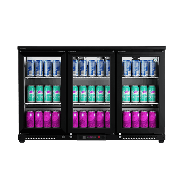 Front view of the sleek Back Bar RBW-135 refrigerator stocked with beverages.