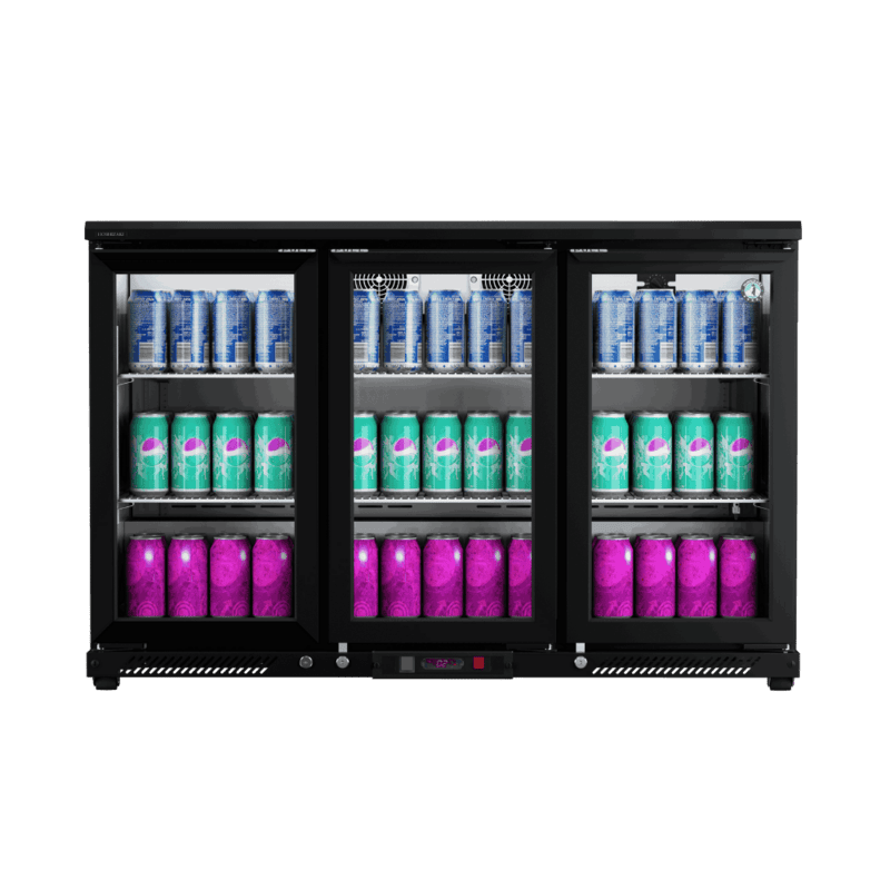 Front view of the sleek Back Bar RBW-135 refrigerator stocked with beverages.