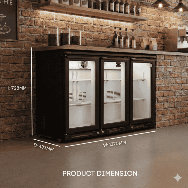 The spacious interior of the Back Bar RBW-135 showing plastic coated shelves.