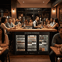 A display of various beer bottles inside the Back Bar RBW-135 with LED lighting.