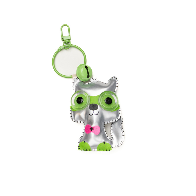 Bag Charm Silver Green Googly Eye Dog