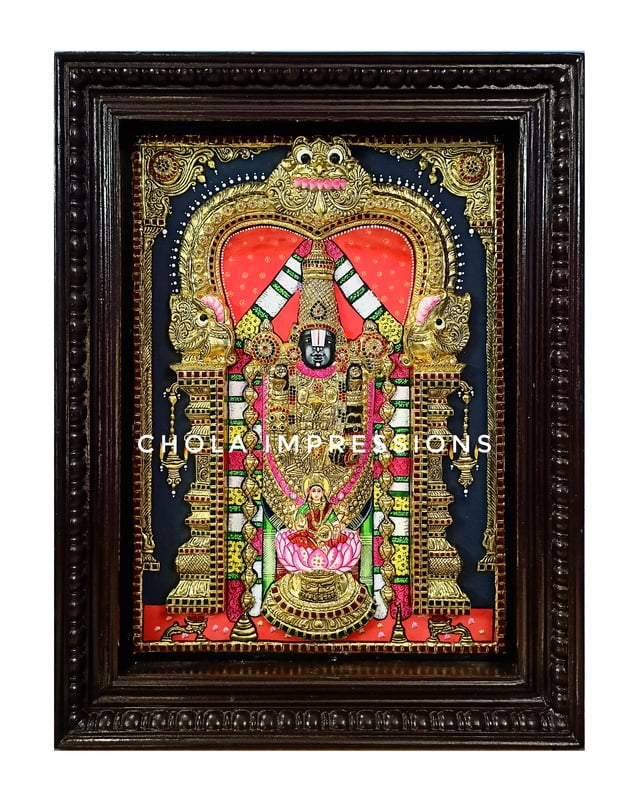 Super Embossed Statue-like Balaji Pada Lakshmi Tanjore Painting - with American Diamonds