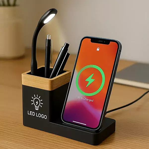 Bamboo Pen Holder with 15W Wireless Charger & LED Logo