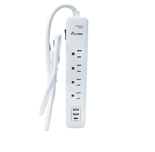 Barre de surtension à 4 prises avec 2 ports USB et 1 USB-C - 450 joules - 15 A - Blanc - 90 cm