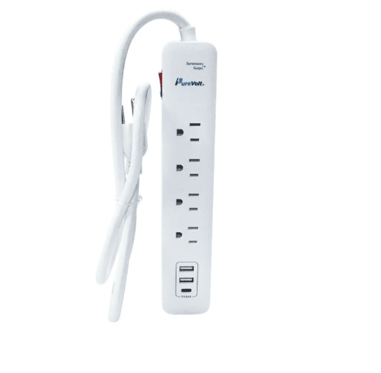 Barre de surtension à 4 prises avec 2 ports USB et 1 USB-C - 450 joules - 15 A - Blanc - 90 cm