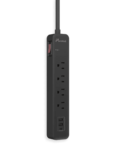Barre de surtension à 4 prises avec 2 ports USB et 1 USB-C - 450 joules - 15 A - Noir - 90 cm