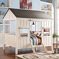 Kids Playhouse Twin Bed with Roof and Windows – Wooden Cottage-Style Frame Kids Playhouse Twin Bed with Roof and Windows – Wooden Cottage-Style Frame