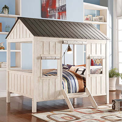 Kids Playhouse Twin Bed with Roof and Windows – Wooden Cottage-Style Frame