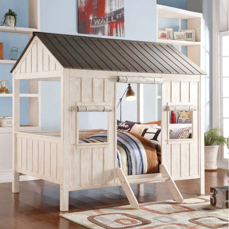 Kids Playhouse Twin Bed with Roof and Windows – Wooden Cottage-Style Frame Kids Playhouse Twin Bed with Roof and Windows – Wooden Cottage-Style Frame
