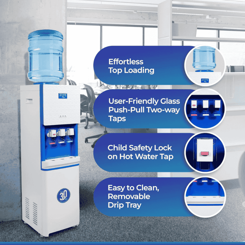 Professional Atlantis Big Plus bottled water dispenser standing vertically in a corporate breakroom.