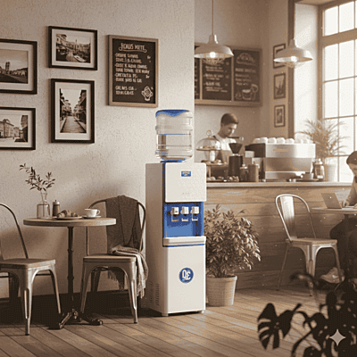 Close-up of the Atlantis Big Plus water dispenser interface showing hot and cold dispensing buttons. Close-up of the Atlantis Big Plus water dispenser interface showing hot and cold dispensing buttons.