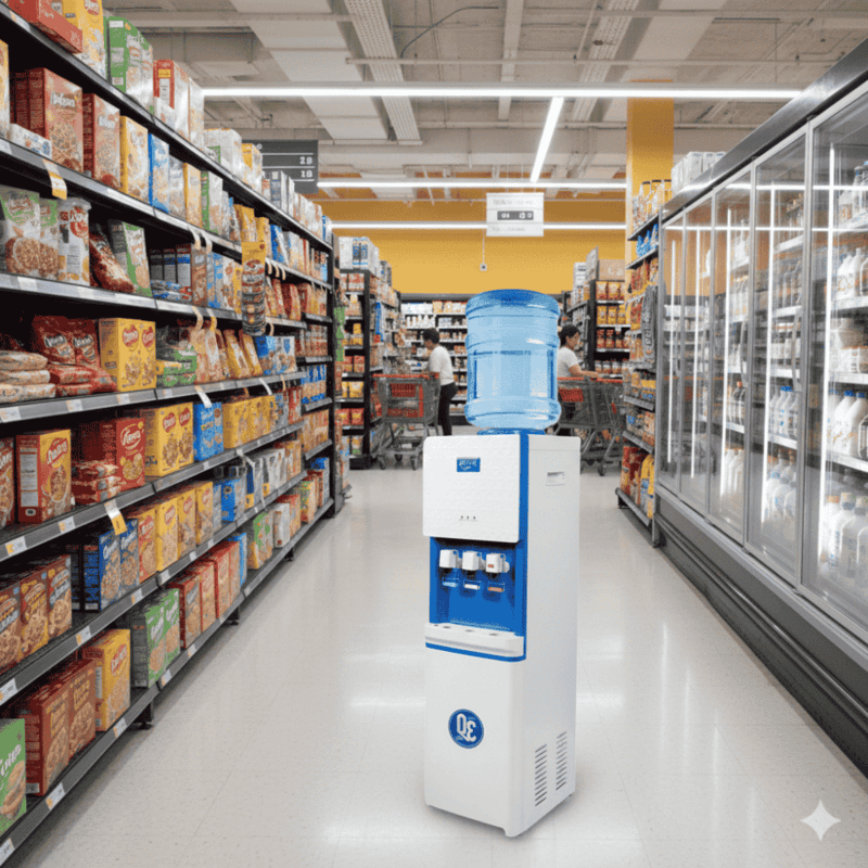 Atlantis Big Plus floor standing dispenser showcasing its minimalist design and robust build.