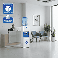 Sleek white Atlantis Big Plus water dispenser with integrated cup holder and easy-to-use faucets.