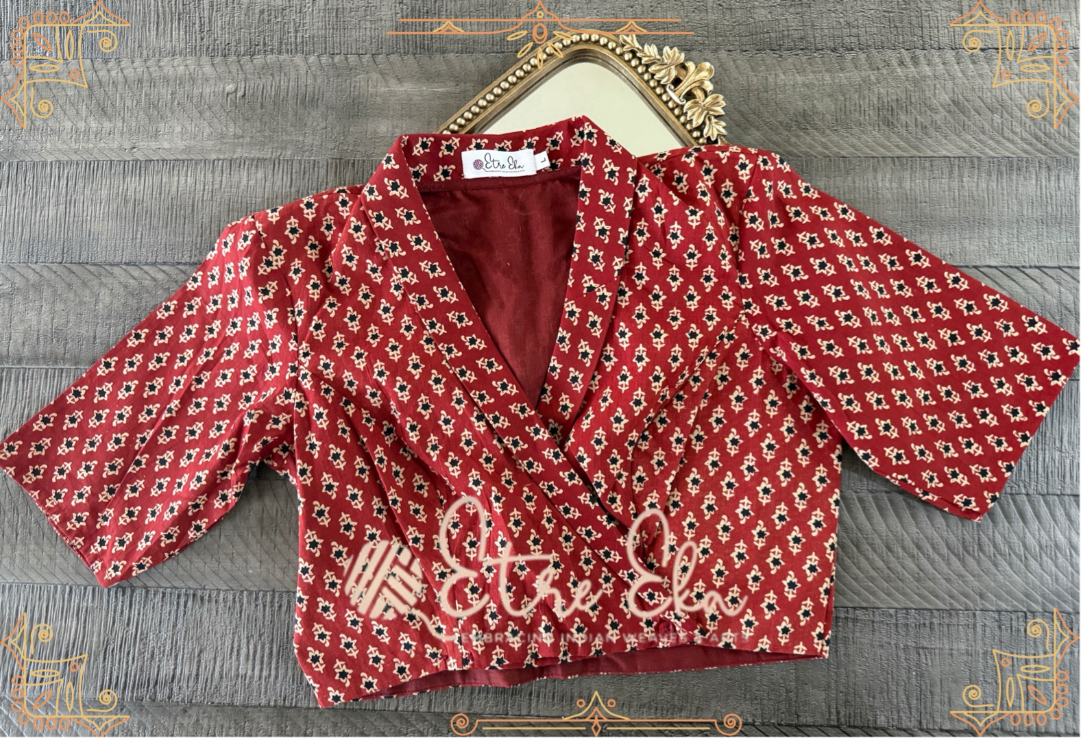 Red Ajrakh Block Print collar neck Cotton Saree Blouse