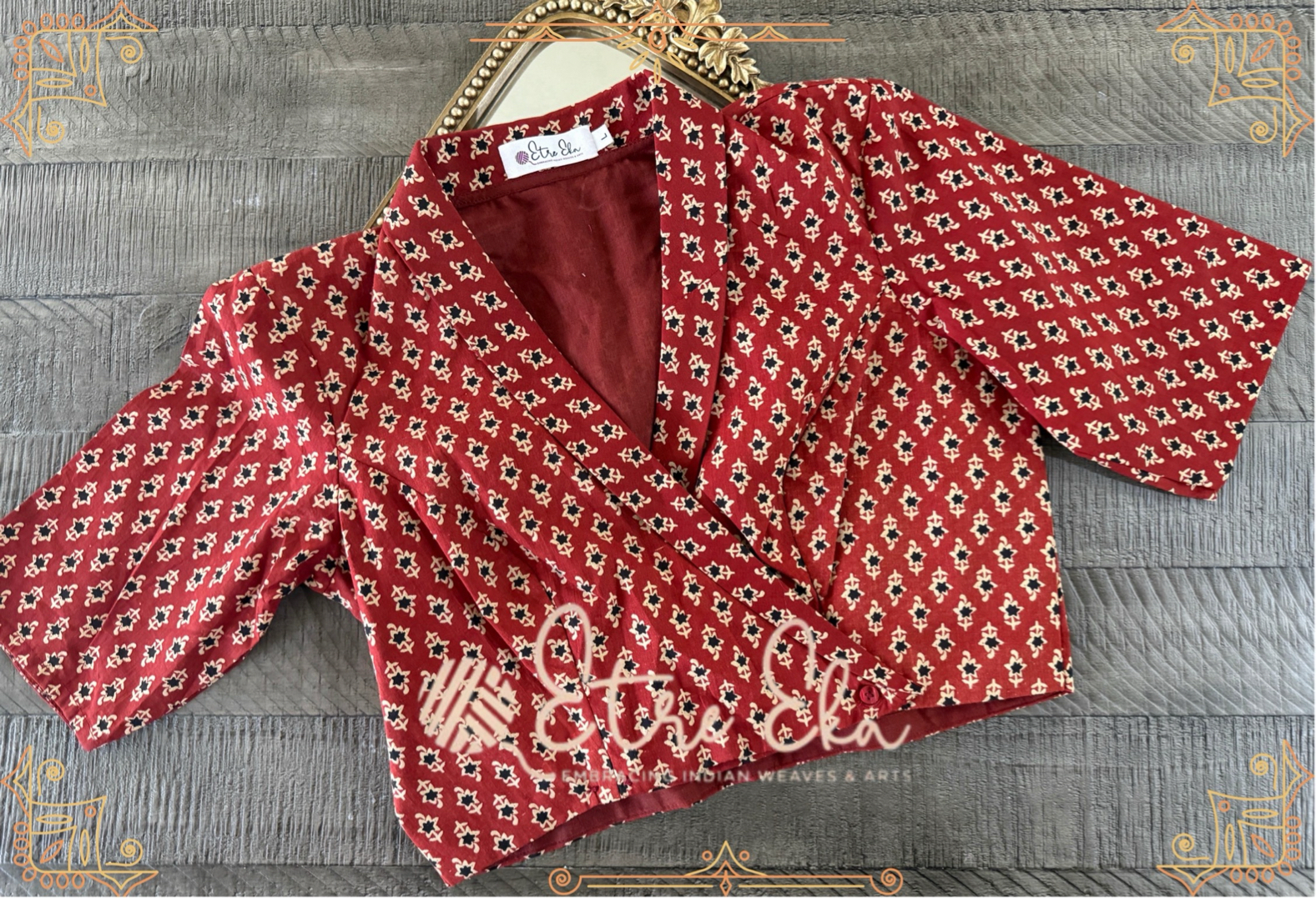 Red Ajrakh Block Print collar neck Cotton Saree Blouse