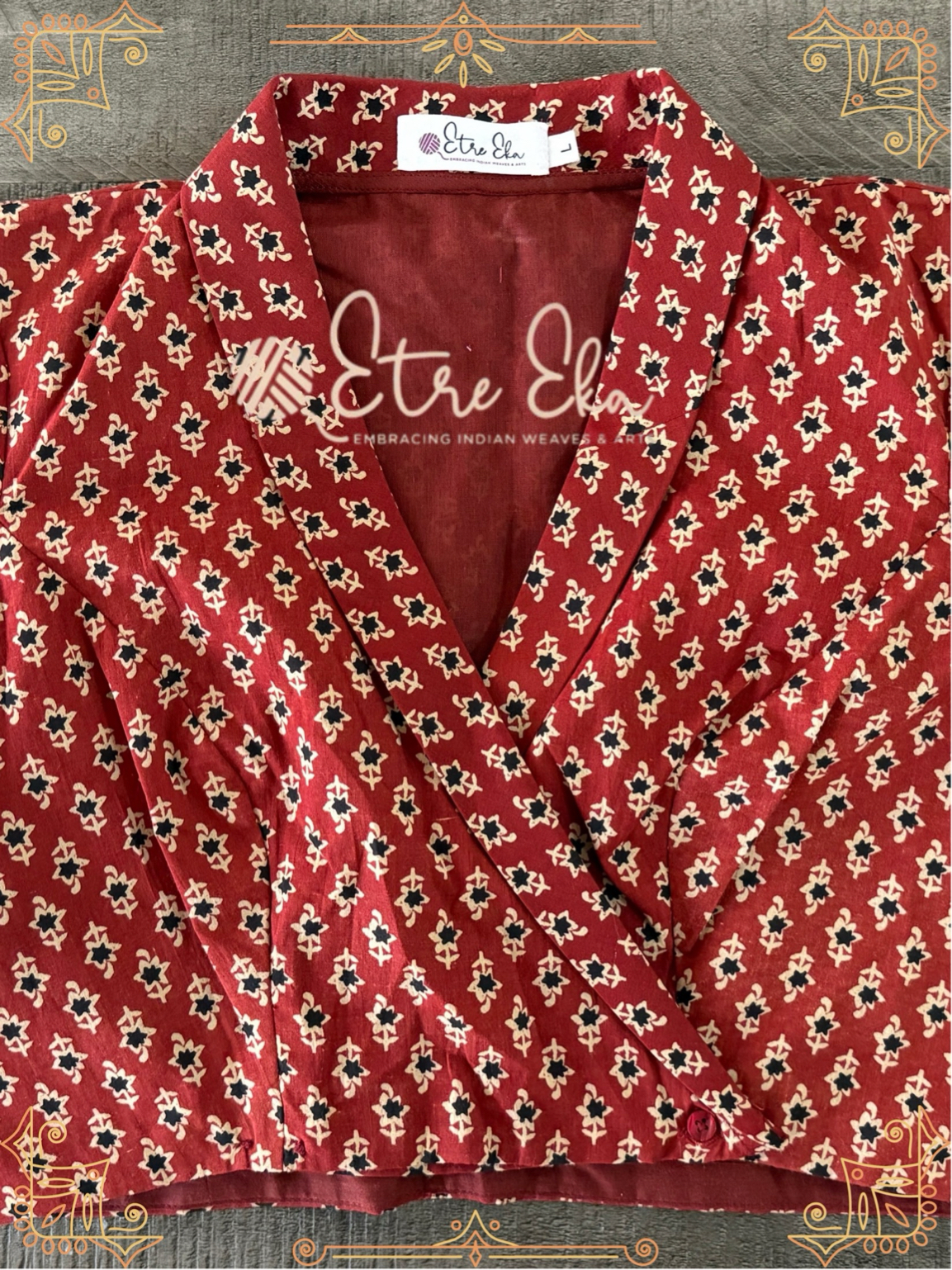 Red Ajrakh Block Print collar neck Cotton Saree Blouse